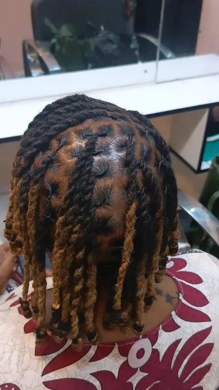 Neatly sectioned loc roots and warm golden tips, supplied by NBD